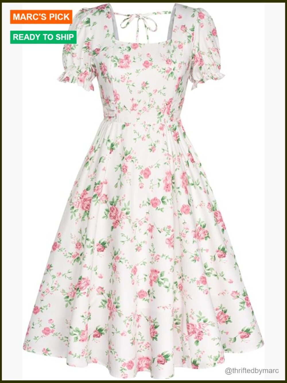 Square Neck Puff Sleeve Midi A-Line Dress Smocked Back Ruched Waist Flowy